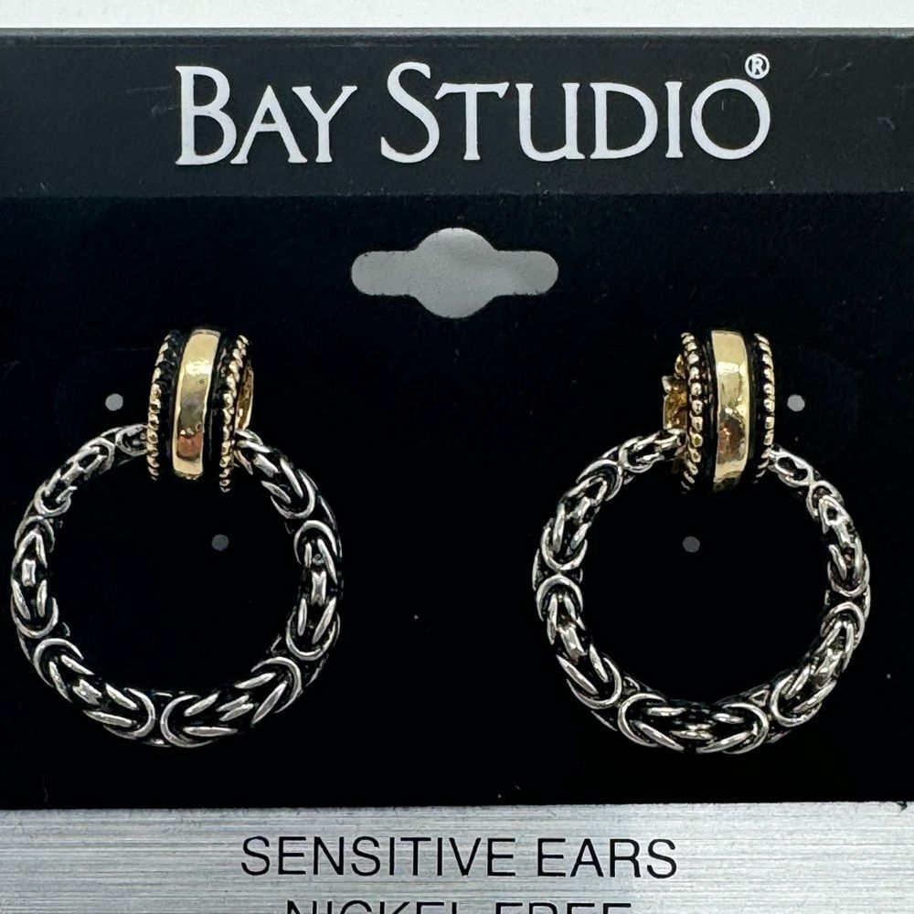 Bay Studio Antiqued Gold and Silver Tone Post Dangle Hoop Earrings 1 inch